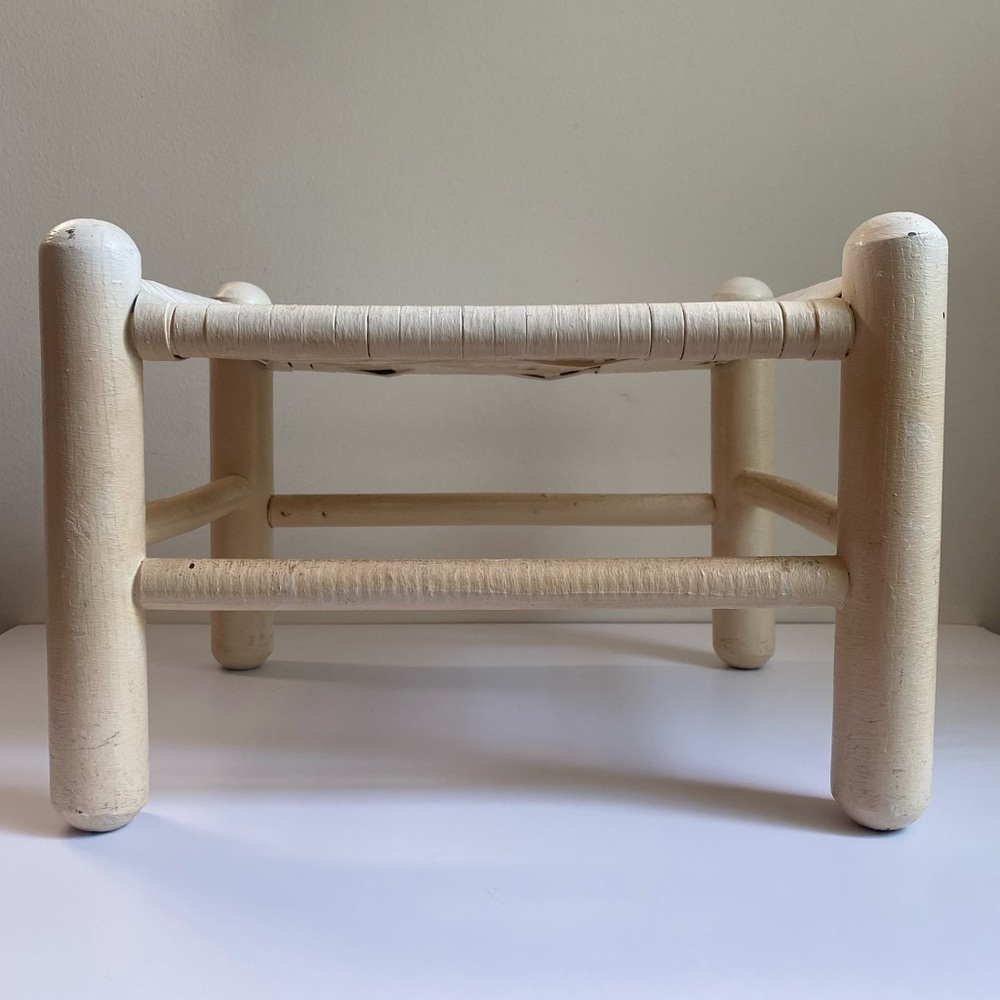 {SOLD} Vintage woven rattan + wood foot stool, painted white - Picture 5 of 7